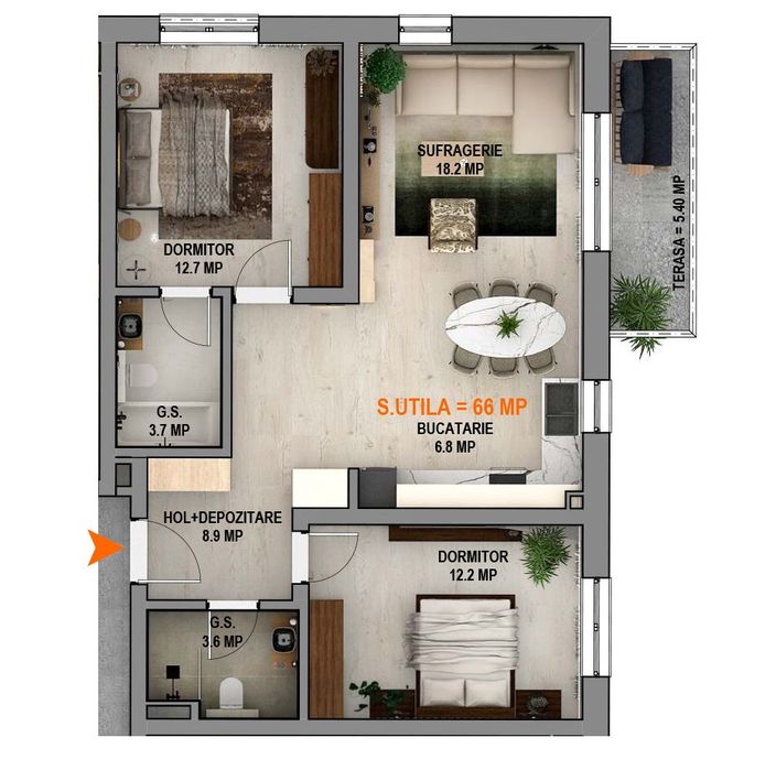 Apartament cu 3 camere, finisat, parcare exterioara, Magnolia Sibiu