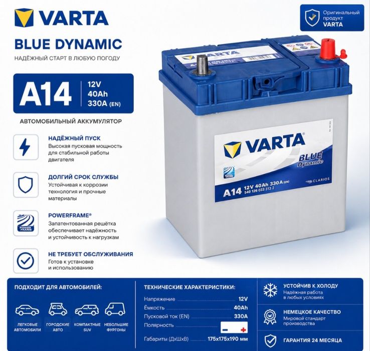 Аккумуляторы с доставкой Varta Blue Dynamic A14 в Костанае