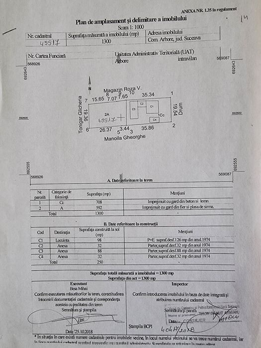 Vand casa de locuit + teren 1300 mp. în centrul com. Arbore,