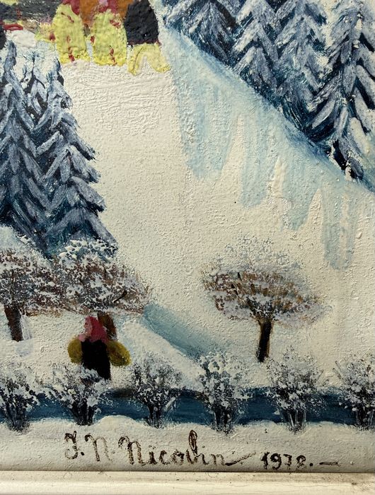 Pictura naiva “Obiceiuri de iarna la Brusturi” semnat Ion Nita Nicodim 1978