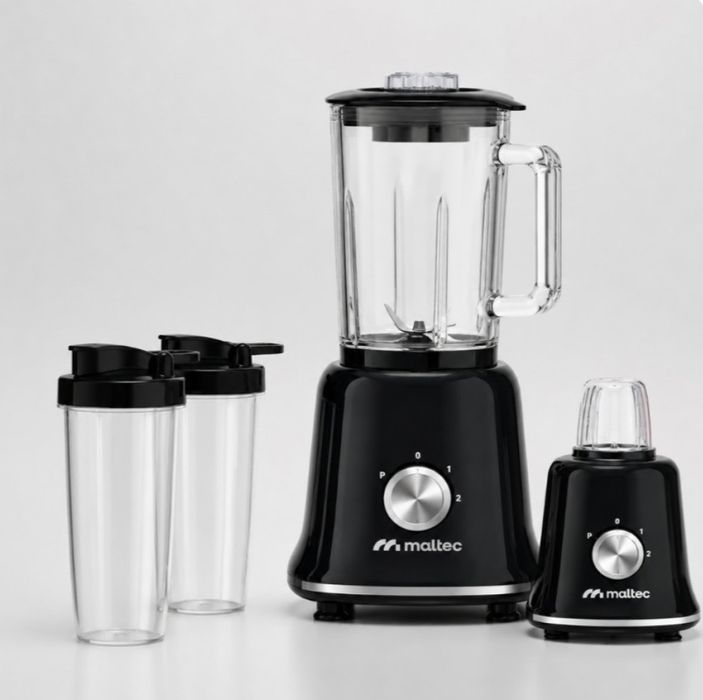 Мощен блендер 3 в 1 – 1800W, стъклена кана 1.6L, мелачка и 2 бутилки To-Go