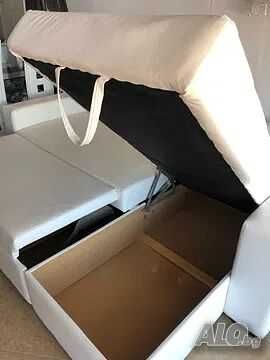 Ъглов диван от еко-кожа с чекмедже за пране