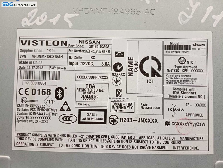 Unitate Radio CD Player cu Bluetooth Nissan X-Trail 2007 - 2014 Cod 281854CA0A VPDNMF-18A965-AC [M3800]
