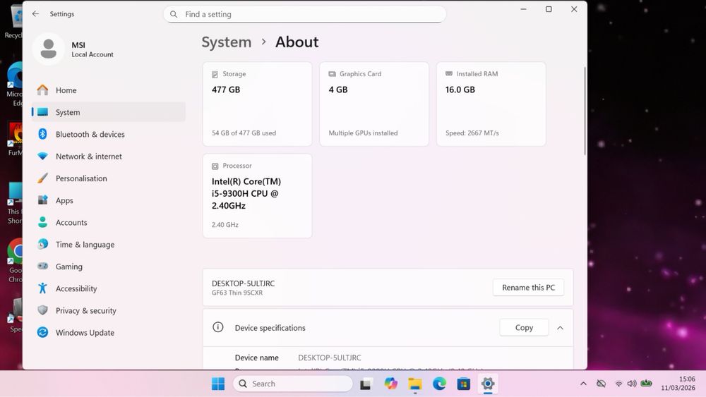 Laptop Gaming MSI GF63,16gb ram, 144Hz, GTX1650, ssd