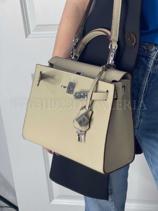 Geanta Piele Bovine - Ivoire cu Argintiu