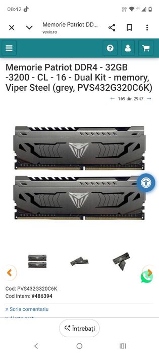 Memorie RAM Patriot Viper Steel RGB 32GB (2x16GB) DDR4 3200MHz CL16