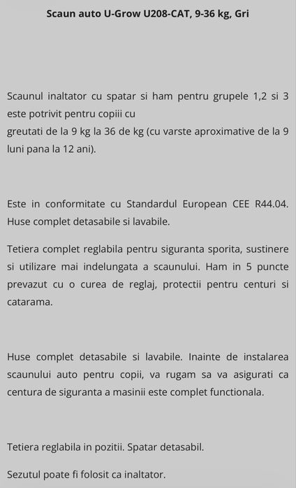 Scaun Auto Pentru Copii, U-Grow, 9-36 kg, Gri , Imprimeu Pisicute