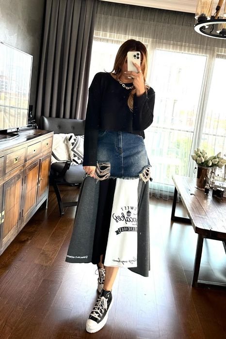 TW3 Дамска дълга пола с деним и плат