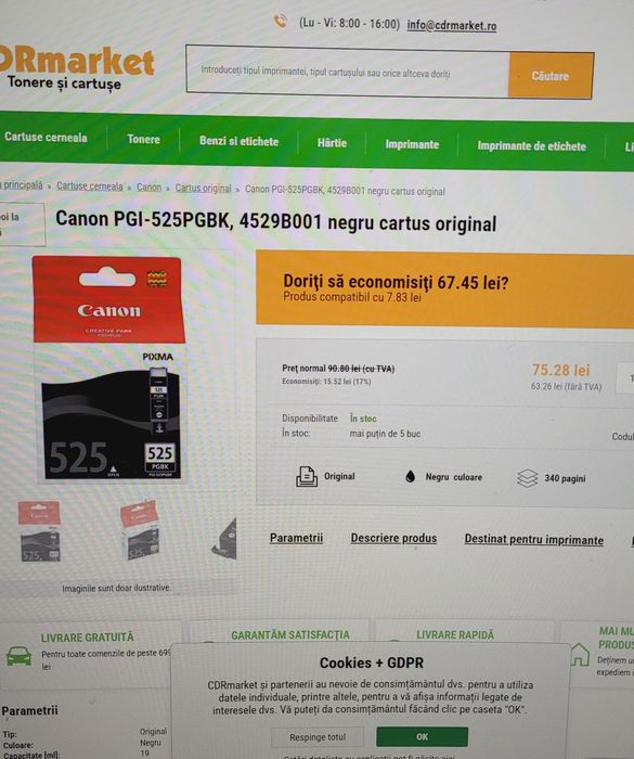 Toner imprimanta negru Canon CLI-526BK si PGI-525PGBK