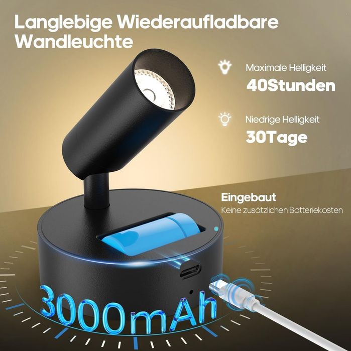 Set 2 spoturi LED wireless 3000mAh telecomandă USB-C