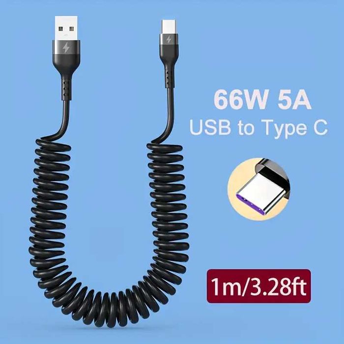 Cablu USB C flexibil  66W 5A încărcare rapida telescopic pt. auto 1m
