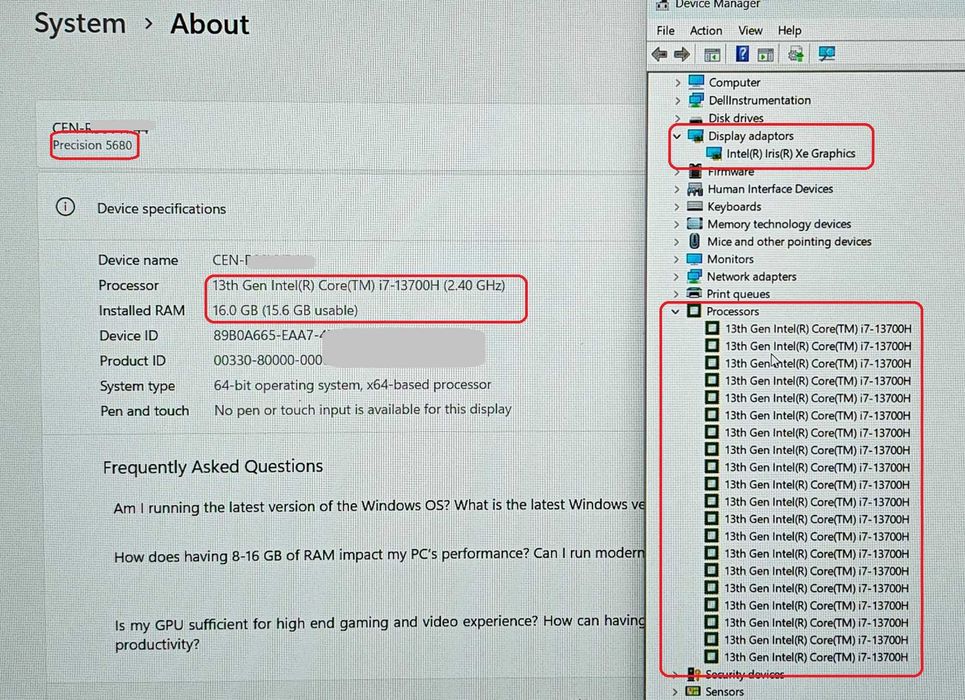 Dell Precision 5680/Core i7-13700H/16 RAM/256 SSD/500 nits 100% DCI-P3