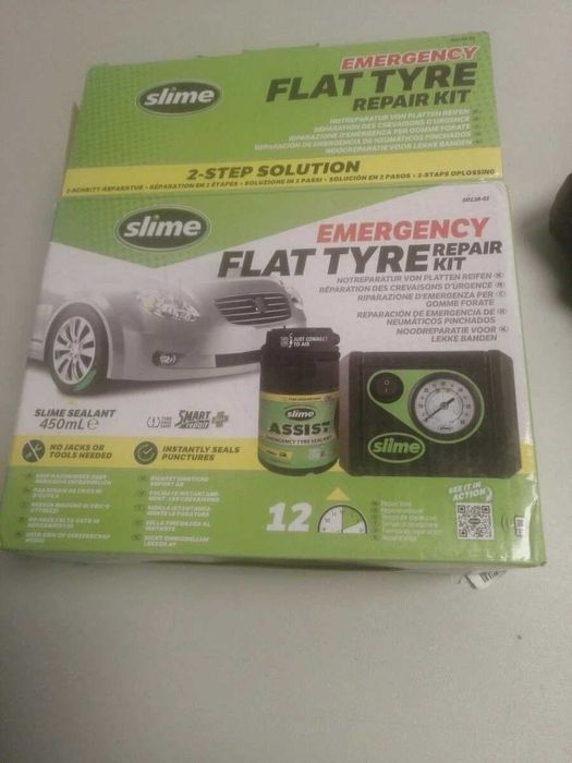 Slime ремонтен комплект за спукана гума с уплътнител 414ml и компресор 12V, 4 bar, 60 PSI