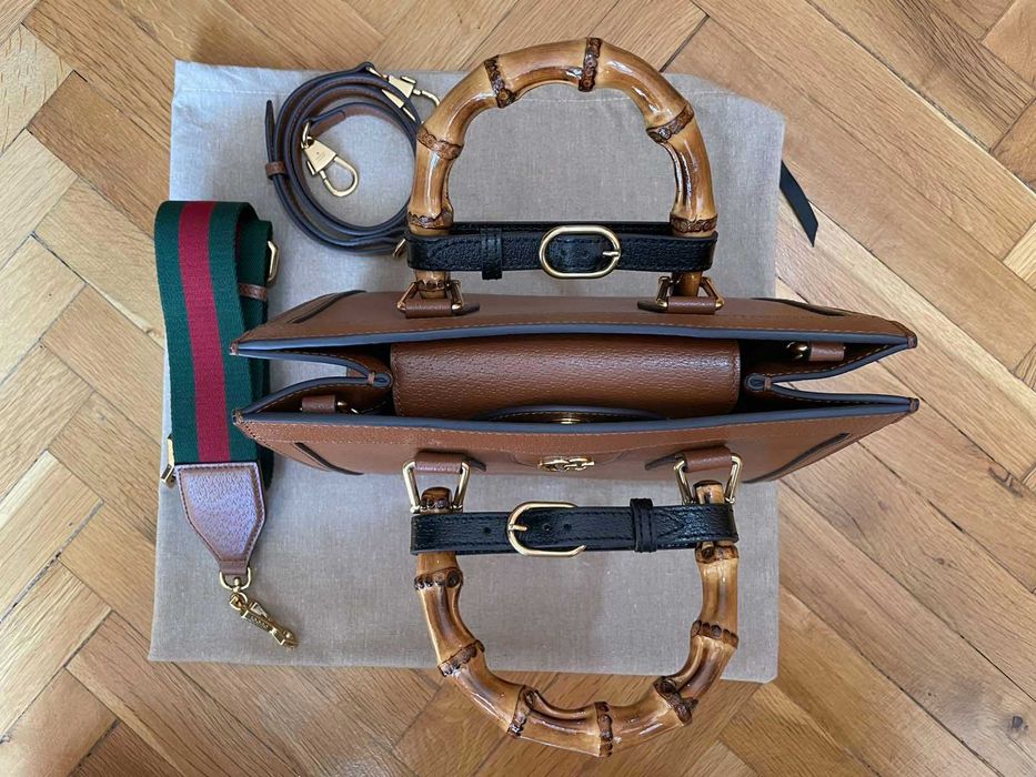 Дамска чанта Gucci Гучи Diana Кафява Кожа Бамбук Златно Gold GG Лого