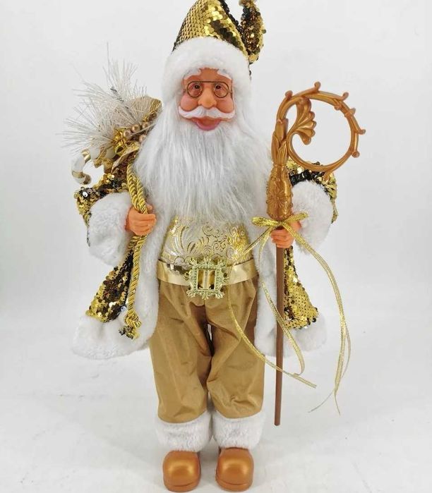 Елегантен златист Дядо Коледа с дълго пухкаво палто и жезъл
