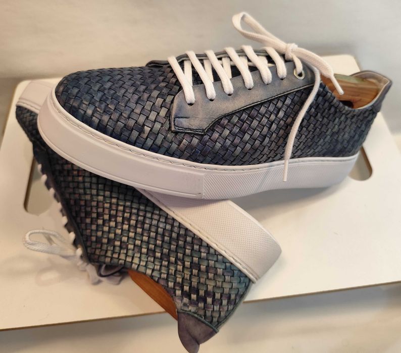 Pantofi sport casual 40.5 41 premium Exton NOI piele naturala impletita vopsiti manual