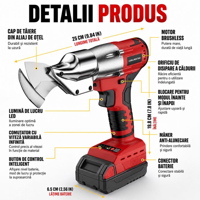 Foarfeca electrica tabla 800W Brushless, taiere metal, 2300 RPM, acumulator inclus