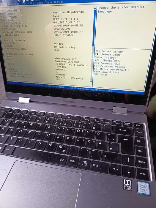 Placa baza laptop Medion, Core i5 8265u + display touchscreen + 8gb ddr4 + carcasa si tastatura iluminata