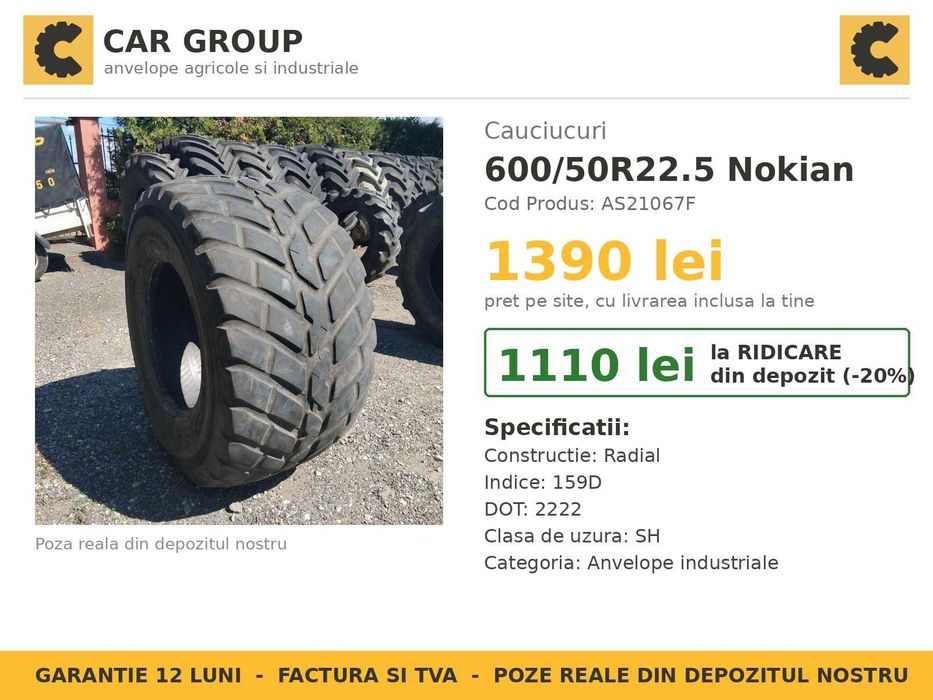 Cauciucuri 600/50R22.5 Nokian Anvelope Remorca Cisterna SH IEFTIN Garantie Factura Joskin Fliegl Krone