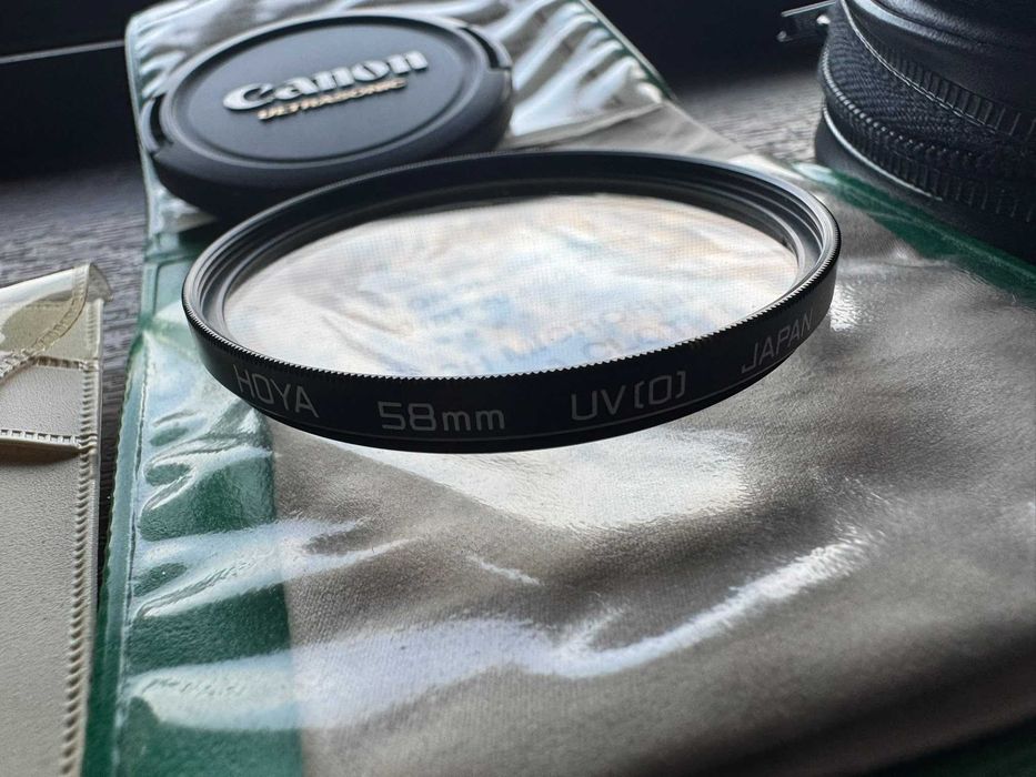 Set 4 filtre foto 58 mm Hoya, Vivitar — UV, polarizare, prismă 6P