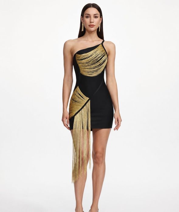 Rochie scurtă Bella Barnett bandage neagră cu franjuri aurii, nouă, mărimea M