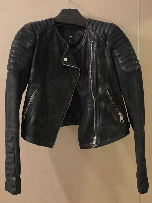 Geaca piele naturala H&M dama marimea 34 XS S neagra biker moto slim fit jacheta scurta fermoar casual rock originala piele