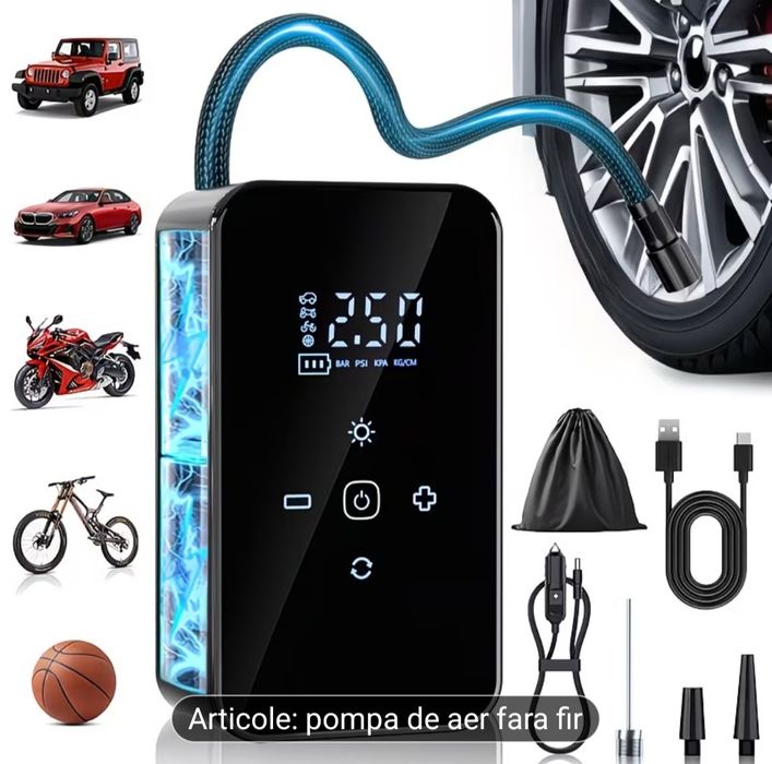 Acest compresor de aer cu utilizare duală, potrivit atât pentru operare wireless, cât și cu fir, dispune de un motor de înaltă performanță