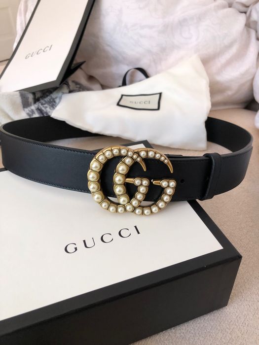 Curea originala Gucci Black Leather Belt With Pearl Double G Buckle