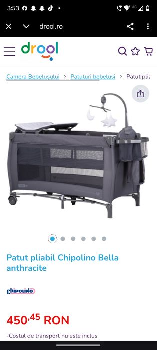 Vând pătuț pliabil Chipolino Bella – Anthracite (negru)