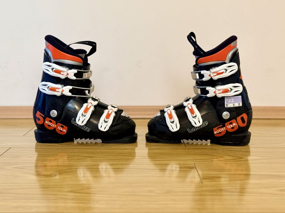 Bocanci ski copii 28-31, 33, 34-35, skiuri copii 90cm, casca UVEX