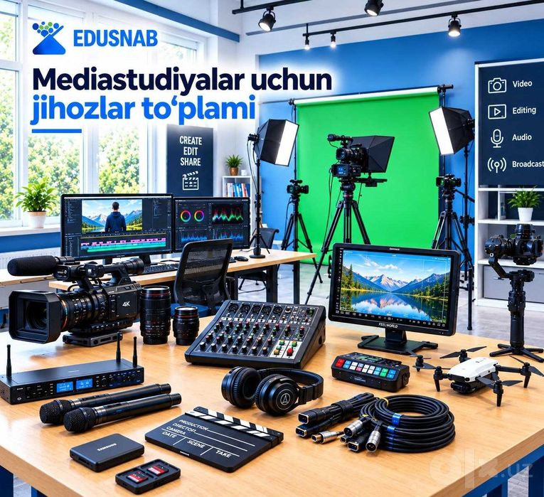 Mediastudiya jihozlari: kamera, mikrofon, yashil fon montaj kompyuteri