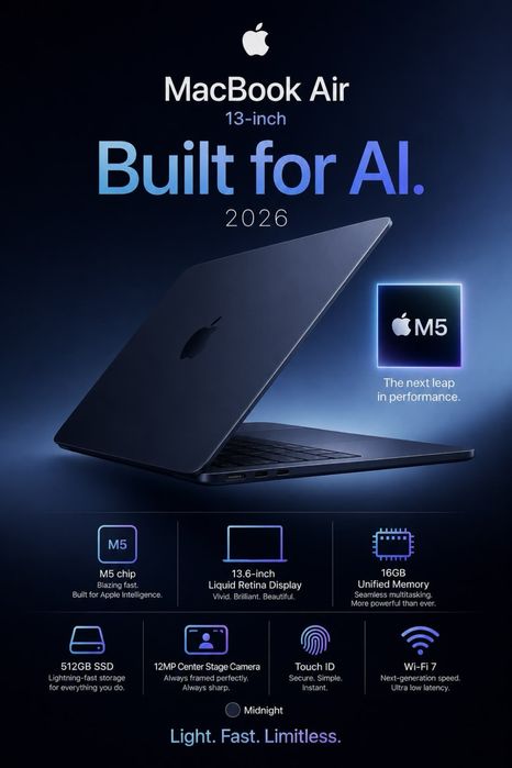 MacBook Air 13’’ with M5 16GB RAM, 512GB. Midnight.