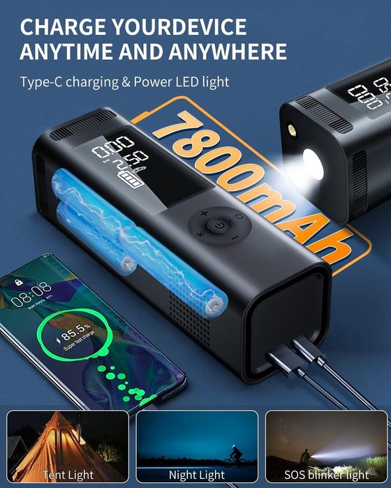 Преносим Компресор за Гуми, Цифрова Интелигентна Помпа Бързо Зареждане