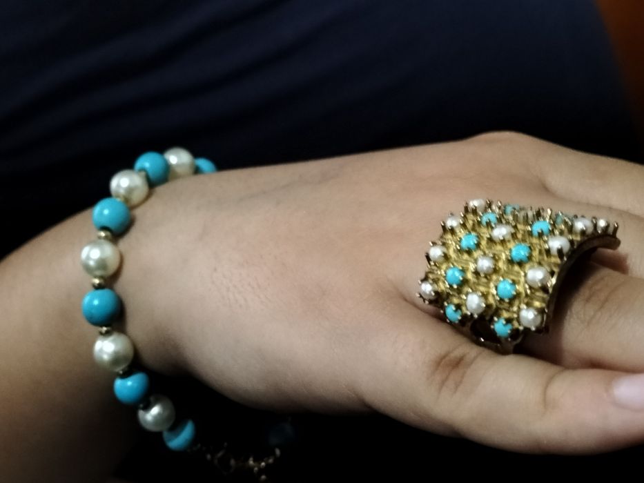 Set bijuterii boho- colier, brățară, cercei și inel, turcoaz & perle