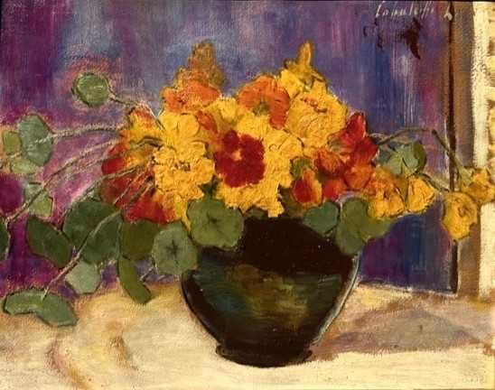 "Vas cu FLORI" Tablou VECHI, ulei/cart semnat Cca 65x55cm (50x40 pictu