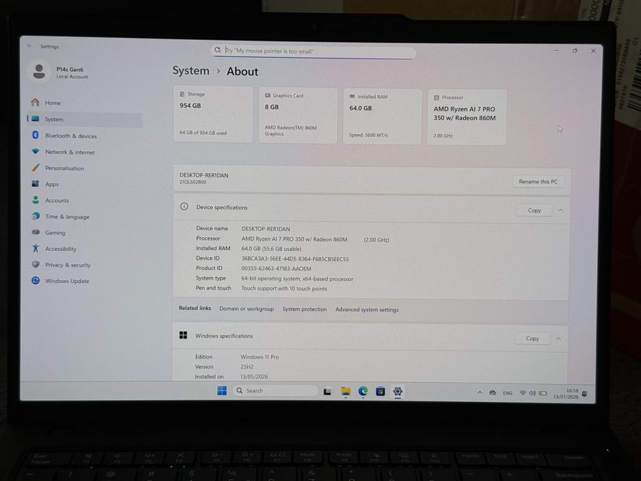 НОВ Лаптоп 14.5’ 2.8K  OLED Touch 120HZ Ryzen AI 7 Pro 350 64GB DDR5 Lenovo Thinkpad P14s Gen6 Radeon 860M 1TB SSD