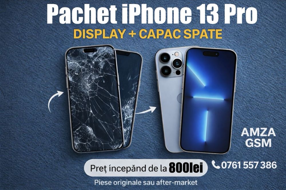 Pachet Display + Sticla Spate iPhone 13 Pro 16 15 14 12 Max Plus Ecran