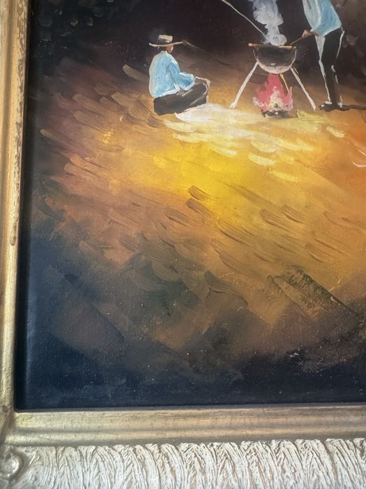 Tablou pictură ulei pe pânză, semnat V. Cazacu, ramă vintage aurie