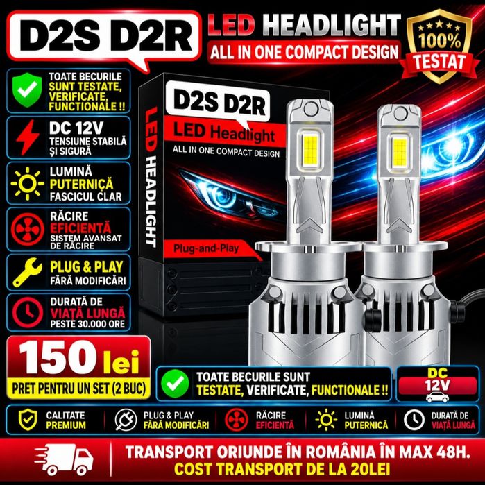 Becuri LED D2S D2R Canbus 12V 50000LM set 2buc