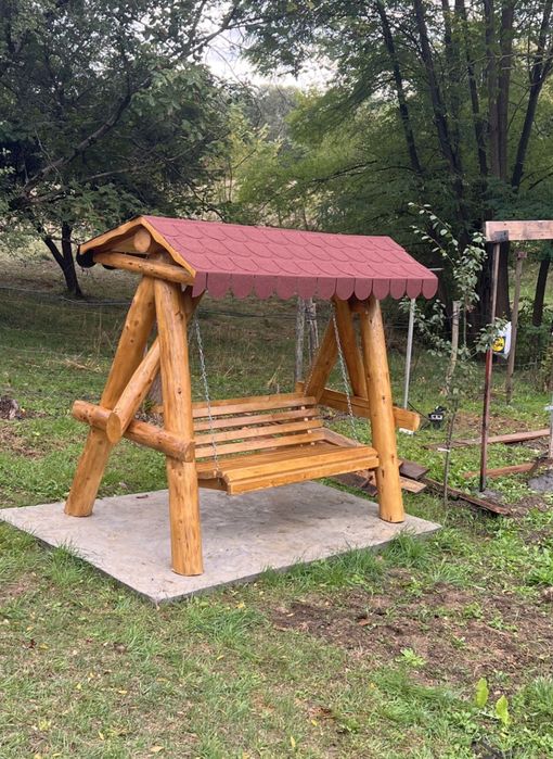 Balansoar  lemn masiv cu 2 leagăne,  set masa cu băncuțe  rustice