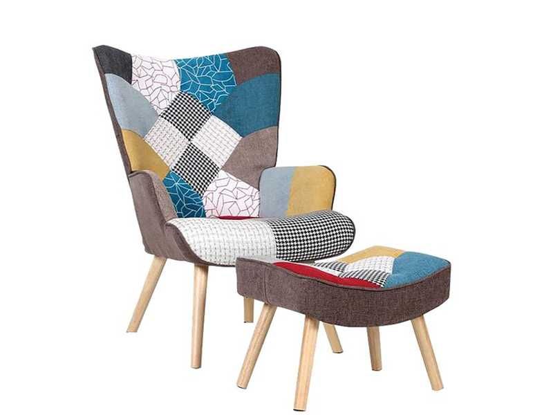 Сет Кресло и табуретка Ε7141,4, Дамаска Пачуърк, Дървени крака