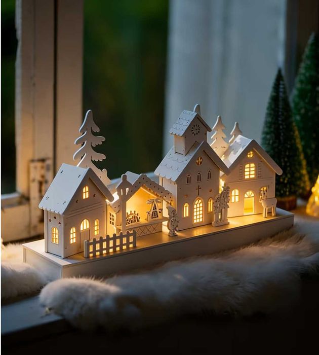 Sat de Crăciun luminos din lemn MDF alb cu LED – 36 x 18 x9 cm