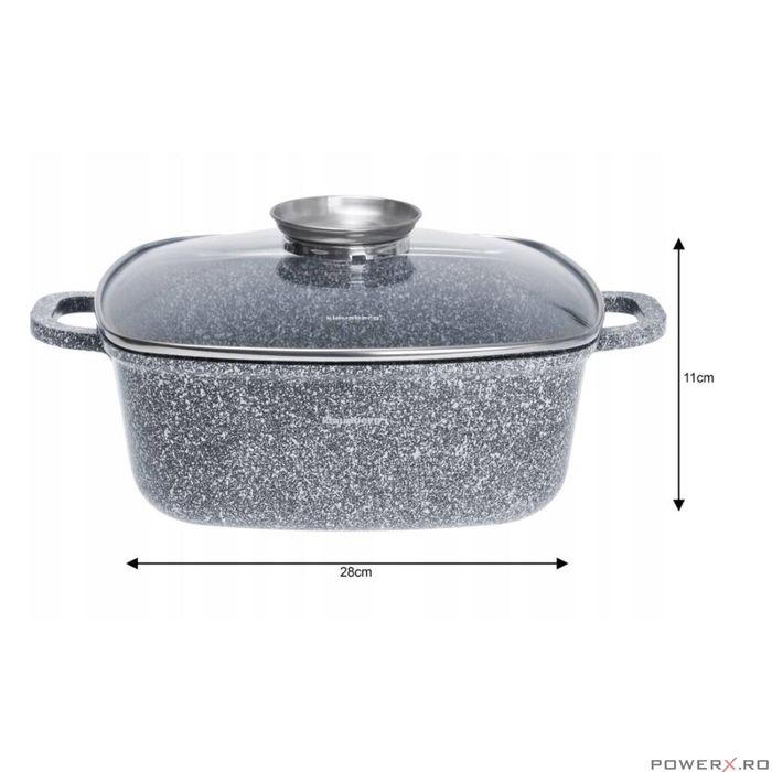 Oala cu capac patrata, din aluminiu acoperita cu marmura 28x28cm