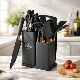 Кухненски комплект от 19 части Cheffinger KSUT01 - ножове, силиконови прибори, поставка и дъска за рязане