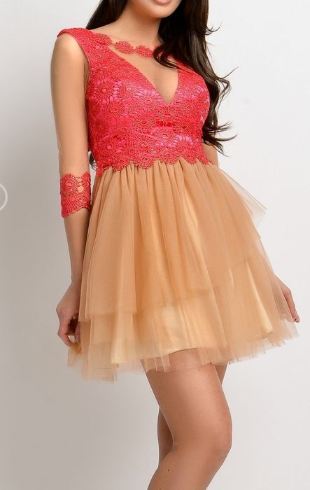 Atmosphere Rochie baby-doll dantela corai si tul nude, mar 38