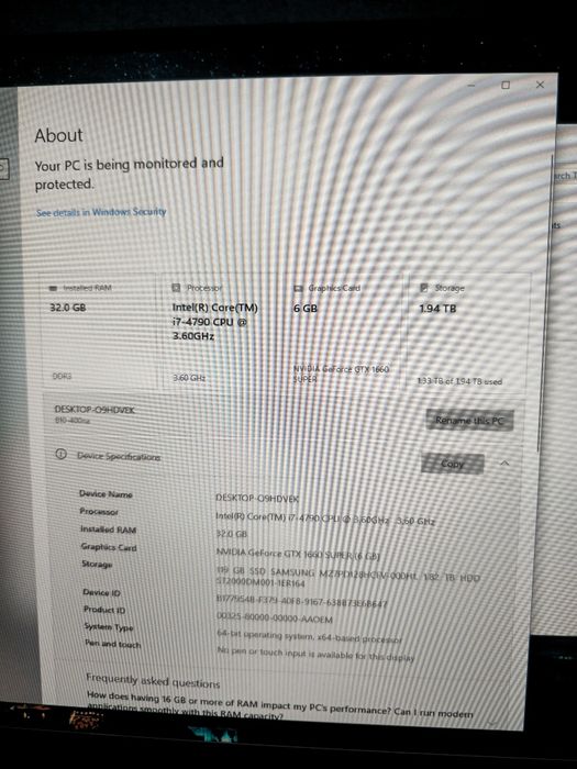 Vând pc cu i7 3.60 GHz, GTX 1660 super 32 GB ram
