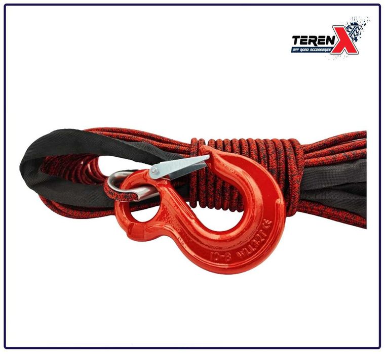Șufă sintetică dublă 12mm x 28m pentru troliu, cu cârlig și protecție