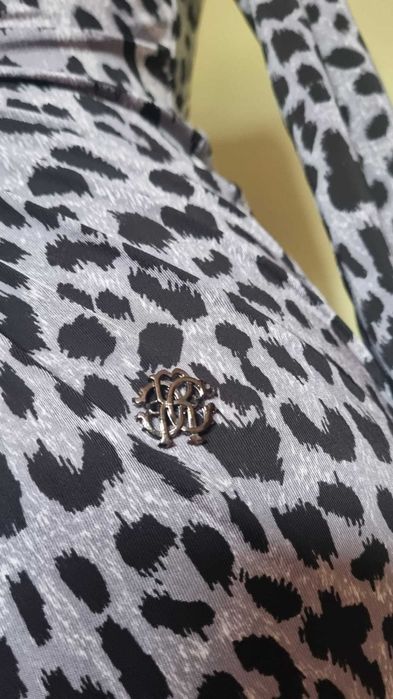 Rochie midi Roberto Cavalli, jersee de matase naturala 95%, animal print/leopard, marimea L