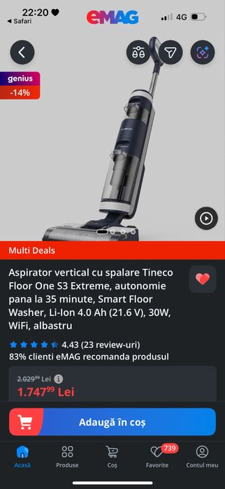 Aspirator vertical cu mop - fara fir