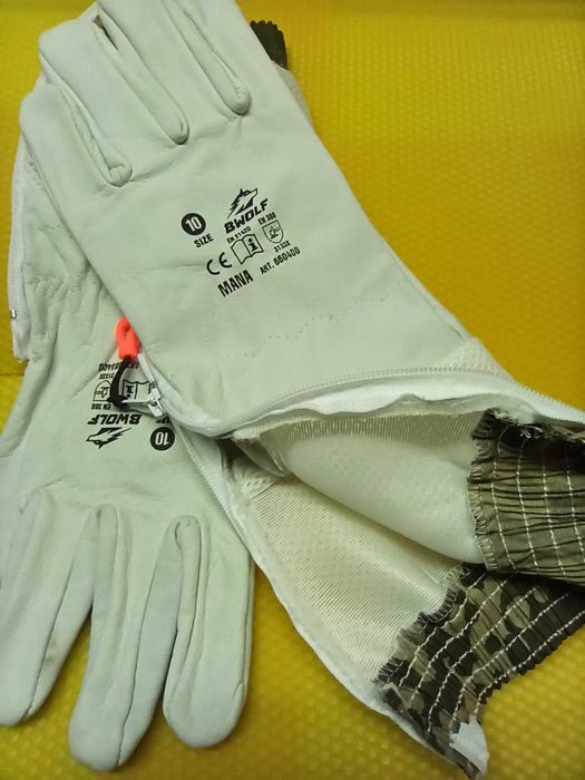 Пчеларски ръкавици естествена кожа с ръкавели с цип-пчеларско облекло